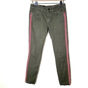J. Crew army green with red side stripes toothpick leg jeans size 26 ankle B197